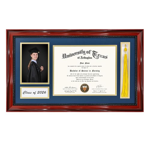 Class of 2025 Diploma Frame with Tassel Holder for 8.5x11 Certificate and 5x7 Photo,Solid Wood,Tempered Glass,Navy over Gold Mat