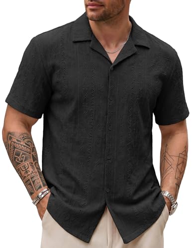 Vssjavun Mens Short Sleeve Button Down Shirt Hollow Out Summer Beach Shirts