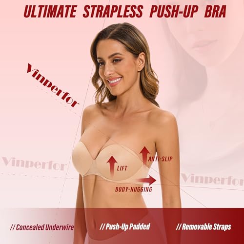 Women's Strapless Bra Push Up-Non Slip Invisible Padded Balconette Underwire Low Back Multiway Bandeau Bra for Comfort Lift3