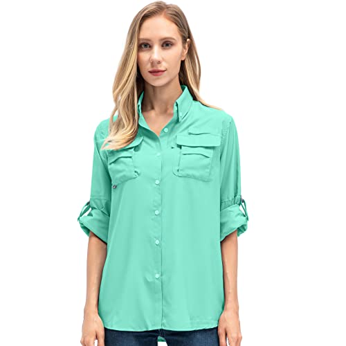 Women's Upf 50+ Uv Sun Protection Safari Shirt, Long Sleeve Outdoor Cool Quick Dry Fishing Hiking Gardening Shirts (5055 Green Xl) #TOP7