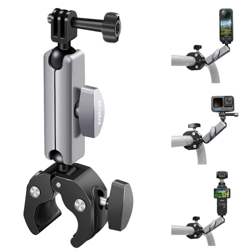 REYGEAK Support de caméra avec double tête sphérique à 360° avec vis 1/4, support de guidon de vélo avec double griffe pour GoPro Max Hero 13/12/11/10/9