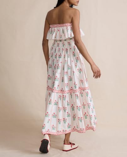 Image of Women Floral Print Maxi Tube Dress Strapless Flowy Long Bandeau Dress Y2K Open Back Sundress Summer Beachwear