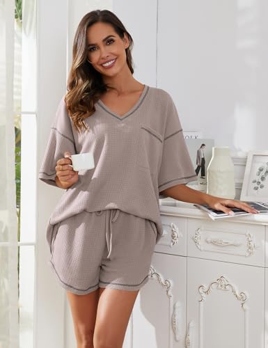 Image of Womens Pajama Sets Waffle Knit 2 Piece Short Lounge Set Cute Sleep Loungewear Pjs Set Short Sleeve Top and Shorts