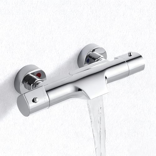 Mitigeur Thermostatique Bain Douche Bec Cascade, Mitigeur Baignoire Thermostatique en Laiton, Robinet Baignoire avec Bouton de Sécurité à 38℃, Robinet de Douche...