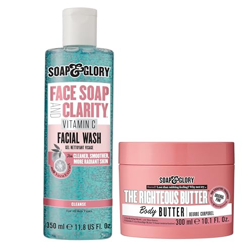 Soap & Glory Gentle Exfoliating Face Wash & Vitamin C 3 in 1 Cleanser (350ml) & The Righteous Moisturizing Body Butter (300ml) -Hydrating Facial Cleanser for Smooth & Radiant Skin & Rich Body Cream