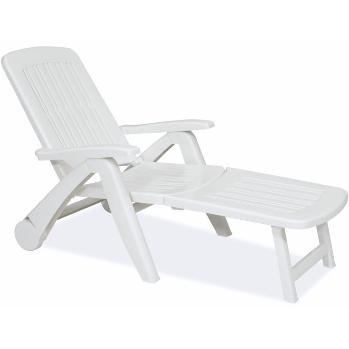 Tomaino Tumbona de plástico para jardín – Respaldo ajustable, plegable con ruedas – Camping, playa, piscina, para exterior (blanco)