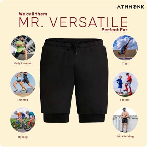 Image of 2in1 Hybrid Workout Shorts for Men and Women - Active Wear Running Shorts Tights for Sports Gym - Hidden Mobile Pocket & Zipper Back Pocket - with Double Inner Compression Liner