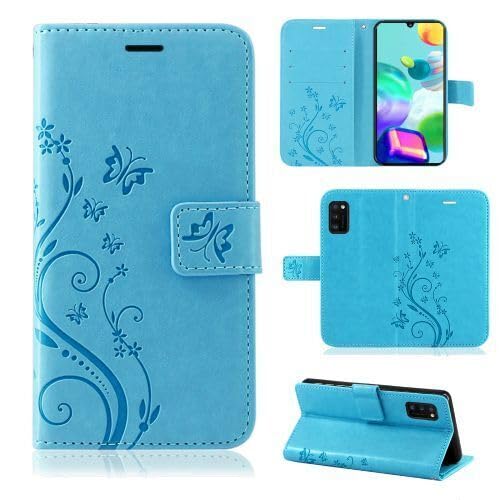Hülle Kompatibel mit Samsung Galaxy J6 Plus 2018 | Premium PU Leder Handyhülle Wallet Hülle | Schutzhülle Blumen Klapphülle Handyhülle | Blau