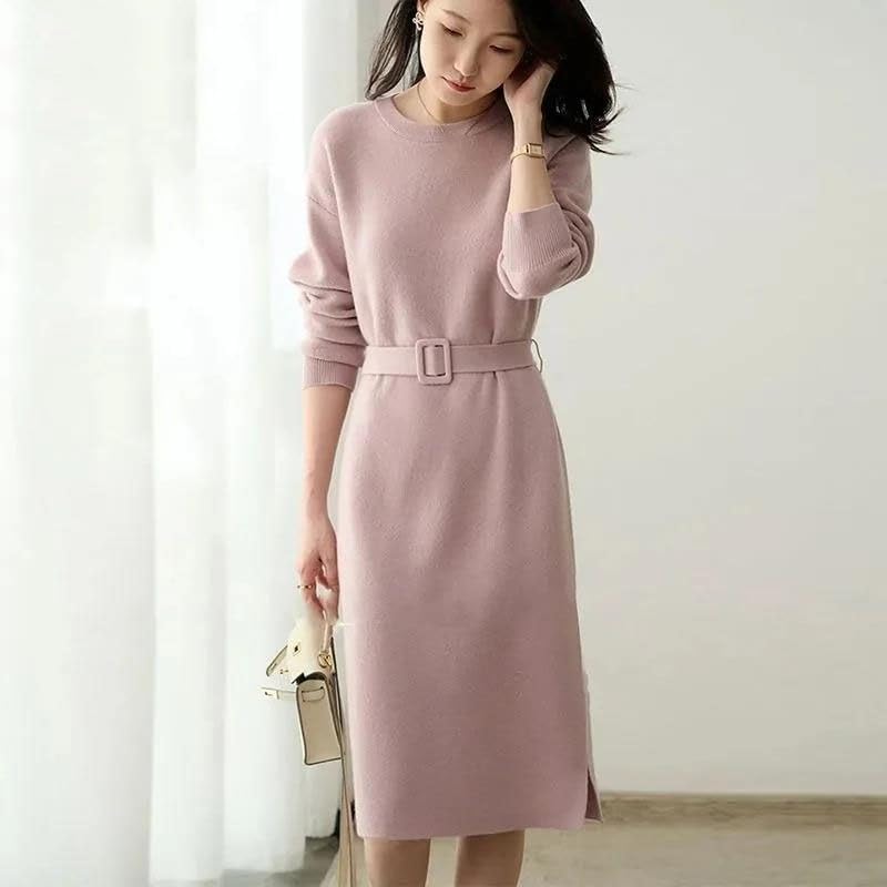 Pohullan Loose Thick O-Neck Women Knitted Dress Belt Sweater Knitwears Long Sleeve Dresses2