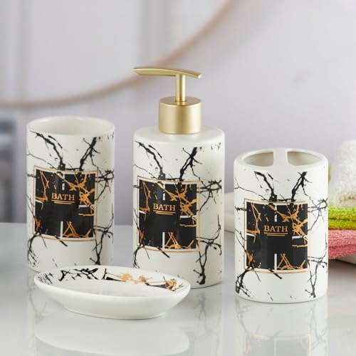 Image of Kookee Ceramic Bathroom Set - Stylish 4 Piece Bath Accessories Kit with Soap Dispenser, Toothbrush Holder, Tumbler & Soap Dish - Modern & Designer Decor for Home & Guest Bathrooms, White /Black (8234)
