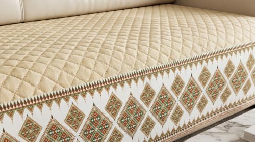 Image of KINGLY Sofa Cover 5 Seater 3+2 Velvet Full Cover - Cream Beige | Fully covered quilted velvet slipcover, washable anti-slip thick furniture protector for 3+2 living room sofa
