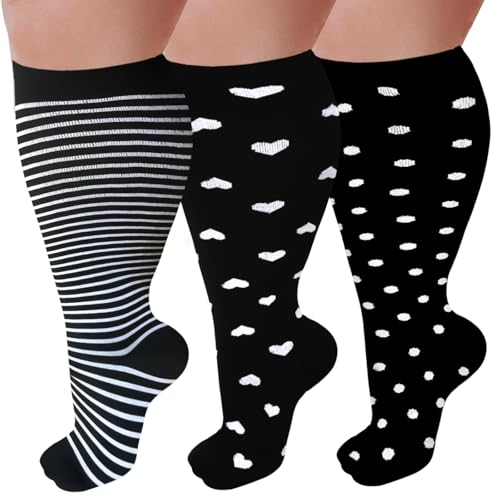 Image of 3 Pairs Plus Size Compression Socks for Women and Men Wide Calf 20-30mmhg Extra Large Knee High Support for Circulation