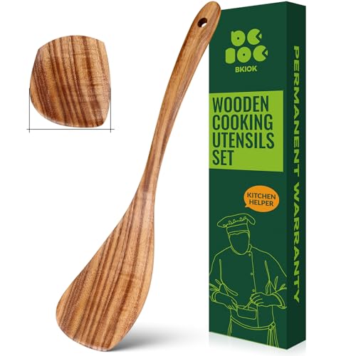 Bkiok Teak Wooden Spatula, Handcrafted Flat Frying Turner, Left Handed Kitchen Teak Wooden Spoon for Cooking Eggs, Fish, Pancakes