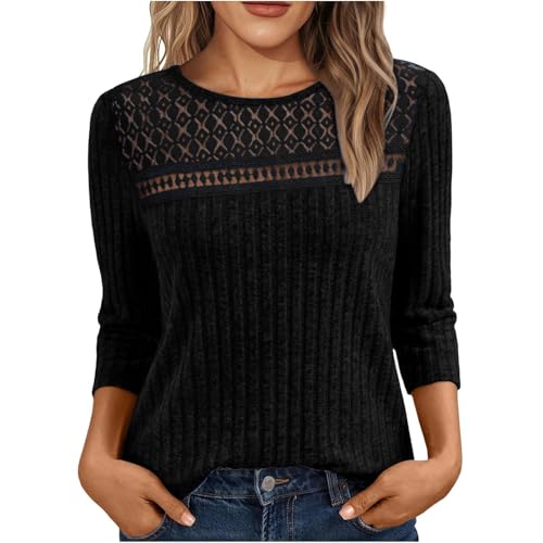 Jumpers for Women UK Lace Ribbed Knit Sweater Casual 3/4 Sleeve Fashion Crew Neck Sweatshirts Elegant Ladies Jumper Women's Comfy Lightweight Pullover Tops Black