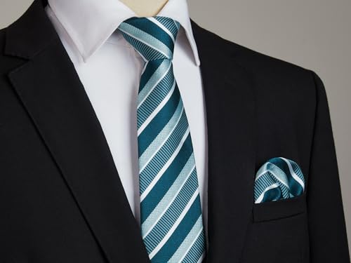 Image of Enlision Mens Ties Stripe Tie and Pocket Square Set Classic Formal Woven Neckties Handkerchief Cufflinks Wedding
