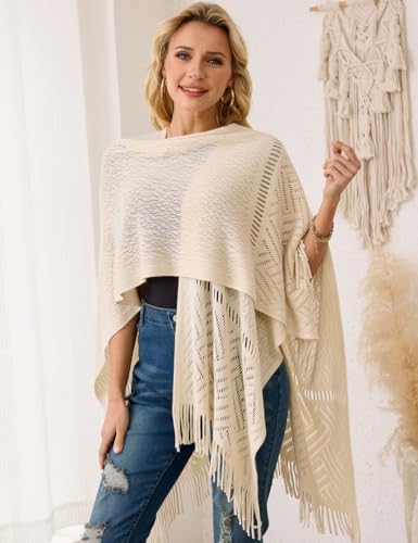 Ferand Women's Lightweight Crochet Shawl Wraps Open Front Knit Fringe Poncho for Spring Summer3