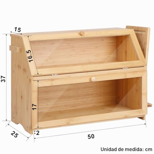 Miniatura 5 de Leader Accessories Caja De Pan De Esquina De Bambú De 2 Niveles, Caja De Pan Con Tapa Frontal De Solapa, Gabinete De Pan Para Botellas De Verduras Y Especias Etc., 50 37 25 Cm