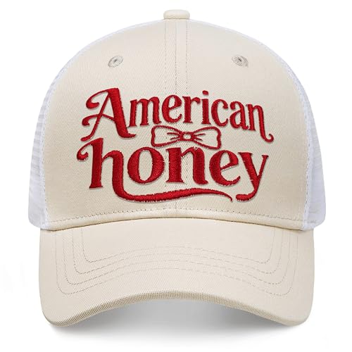 Wpnchsdc Snapback Trucker Hat | American Honey Embroidered Adjustable Breathable Mesh Baseball Cap for Men Women | Beige 4th of July Hat