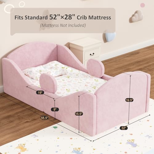 whiffee Toddler Bed, Certified Toddler Floor Bed with Removable Safety Rails, Standard Crib Size Ultra Soft Upholstered Kids Transition Bed for Girl Boy (Mattress Not Include) (Pink)