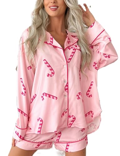TUWIXIUW Women Christmas Silk Pajamas Set Pjs Satin Long Sleeve Santa Button Up Top and Shorts 2 Piece Lounge Sleep Outfits(Candy Cane Pink Medium)