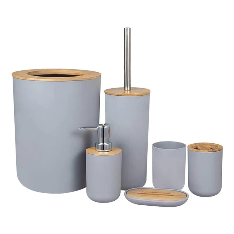Set dispensador de jabón conjunto de accesorios de baño de bambú, kit de plástico, dispensador de jabón, taza de cepillo de dientes, jabonera conjunto de baño accesorio(Gray 6pcs C)