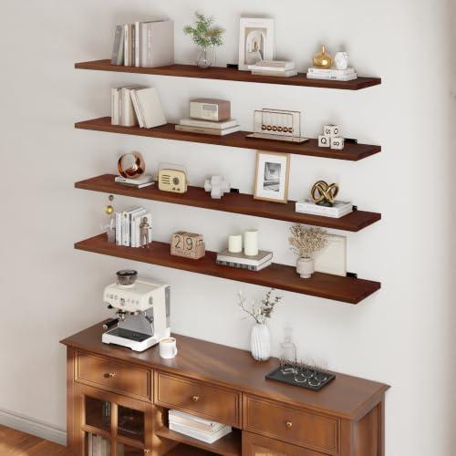 Image of 60 Inch Long Floating Shelf for Wall, 4 Tier Solid Wood Floating Book Shelf,Walnut Large Wall Shelf with Heavy Duty Brackets,Floating Bookshelf for Living Room