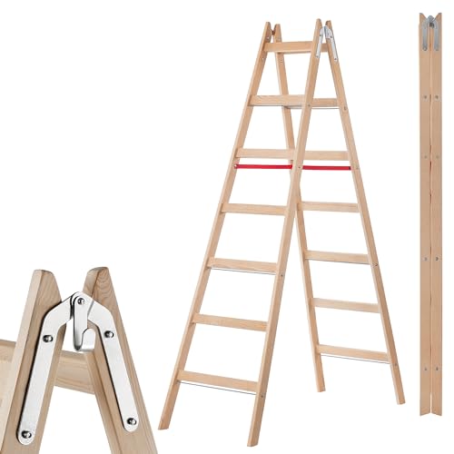 Preisvergleich Produktbild KADAX Holzleiter, Stehleiter bis 150kg Traglast, Sprossenstehleiter aus hochqualitativem Holz, Doppelstufenleiter in sechs Varianten, Haushaltsleiter für Maller (7 Stufen)