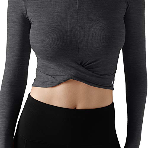 ODODOS Women's Crop Top Front Wrap See Through Cover Long Sleeve Top, Charcoal, Small