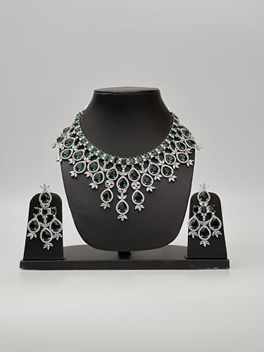 Image of Green Stones Reverse AD Necklace Set with Earings
