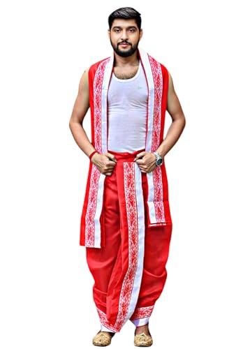 Image of Men's Ethnic | Traditional Ready to wear (Pant System) Readymade Panchakacham Dhoti With Angavastram(Towel) Set, Tassar Silk, Free Size (GC002)
