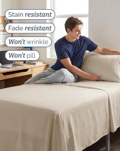 Image of Twin XL 4 Piece Sheet Set - College Dorm Room Essentials - Wheat | Ultra Soft Dorm Bedding Set, 8 inch to 16 inch Inch Deep Pockets, 1 Flat & 1 Fitted Sheet & 2 Pillowcases, Wrinkle & Fade Free