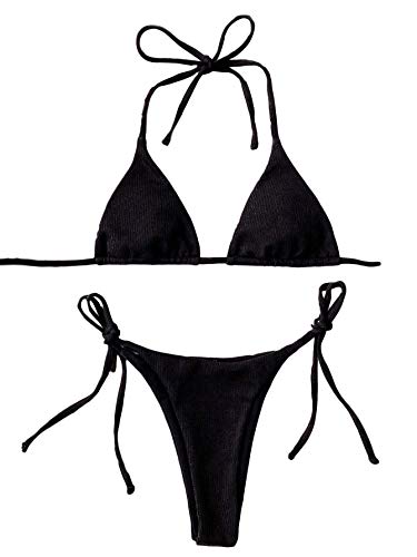 SOLY HUX Women's Floral Print Halter Triangle Tie Side Bikini Set Two Piece Swimsuits Dark Black L