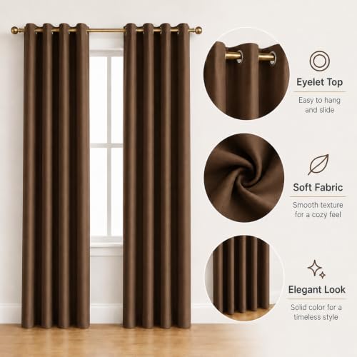 Image of Polyester Eyelet Door Curtain, Solid Plain Light Filtering Curtain for Bedroom, Living Room & Home Office, 7 Feet (84 x 48 Inch), Brown, Pack of 2
