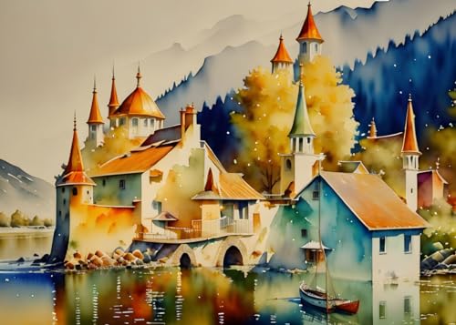 Aquarelle paysage architectural SERENDIPITP impression grand format sans cadre 58 x 90 cm