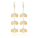 WASAIE Pendientes largos y elegantes con diseño de hoja de oro para mujer, chapados en oro de 14 quilates, con pétalos, diamantes de imitación, circonita cúbica, aretes lineales colgantes para novias