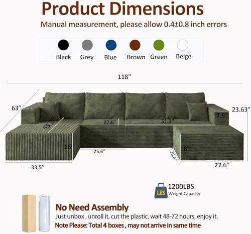 Image of 118 inch Modular Sectional Sofa with Chaise and Ottoman, Oversized U-Shaped Corduroy Cloud Couch, Deep Seat Boneless Couch for Living Room, No-Assembly - Grey(Left Facing Chaise)