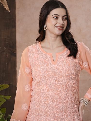 Image of Ada Women's Georgette Regular Fit Chikankari Hand Embroidered Lucknow Short Kurti Top A911224
