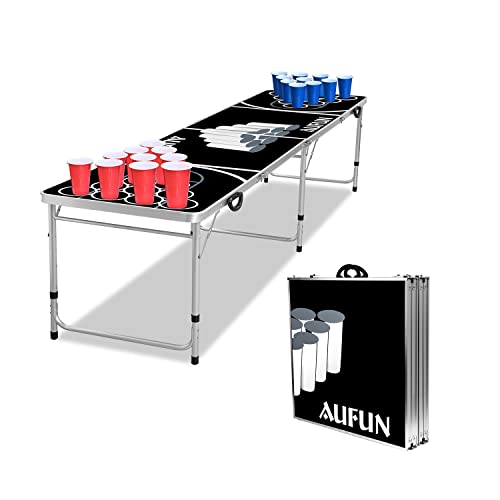 LARS360 Beer Pong Table pliable à hauteur réglable avec 5 balles et 100 gobelets (50 rouges et 50 bleu) Jeu à boire classique Noir