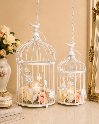Image of Homesake Antique White Lantern Bird Cage Hanging Pendant Lights, Vintage Ceiling Chandelier Jhumar for Home, Living Room, Balcony, Indoor Outdoor Decor for Home, Pack of 2, Return Gifts for Pooja