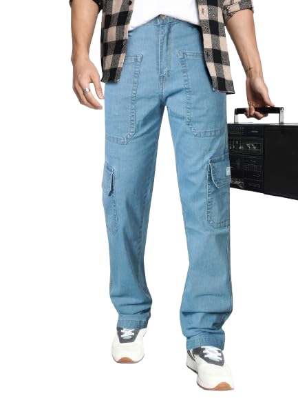 Image of RIG BONE Men's Relaxed Fit Cargo Jeans with Functional Pockets Comfortable High Rise Design Durable Denim Mid Wash Ideal for Casual Wear Travel Outdoor and Urban Adventures