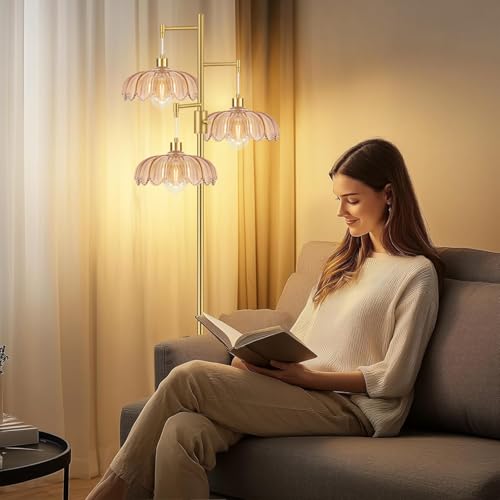 Image of Gold Floor Lamps for Living Room Bedroom-3 Light Glass Floor Lamp with Three Led Bulb, Flower Tall Floor Lamp Dimmable Mid Century Modern Standing Lamp Vintage Tree Floor Lamps for Bedroom Corner