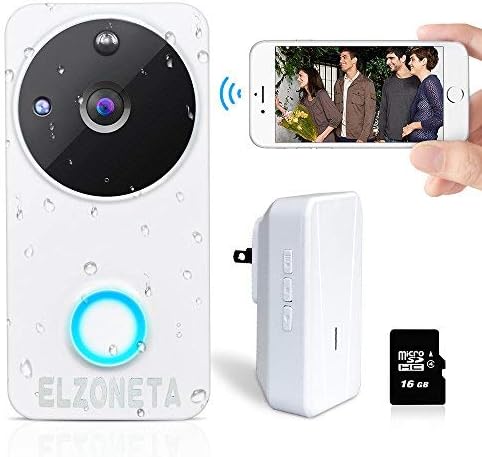 Elzoneta Video Doorbell Wireless Camera - 720P Smart WiFi Doorbell with Door Chime Built-in 8G Card, 166° Wide Angle, IP65 Waterproof, Night Vision, PIR Motion Detection, Real-Time Video, 2-Way Audio