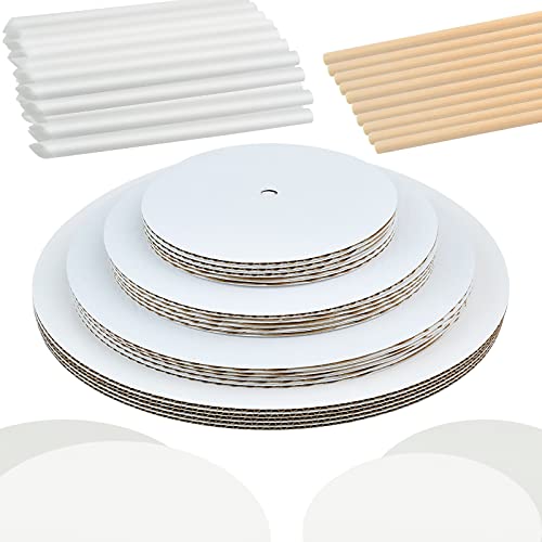 Akamino 230-teiliges Kuchenplatten-Set, 30,5 cm, 25,4 cm, 20,3 cm, 15,2 cm, runde Kuchenpappe, Pergamentpapier mit Holzdübeln und Strohdübeln für Hochzeit, Geburtstag, Party (weiß) Cover