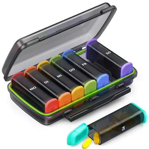 AUVON Tablettenbox 7 Tage Morgens Abends, tragbare Pillendose 7 Tage 2 Fächer mit Feuchtigkeitsbeständiges Design, Medikamentenbox auf Deutsch für Medikamente, Vitamine, Fischöl usw.