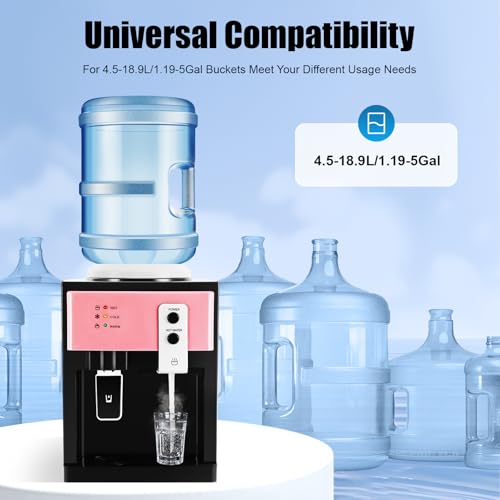 Image of Top Loading Hot & Cold Water Dispenser - Desktop Electric Cooler with 3 Temperature Settings, Fits 1.1-4.9 Gal Bottles, 575W Fast Heating & Cooling, for Home, Office, Kitchen, Bedroom (Pink)