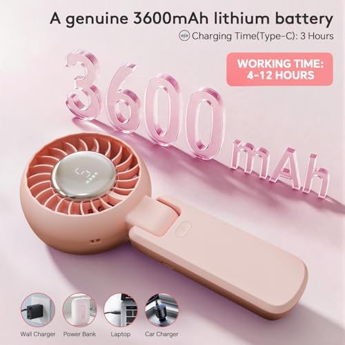 ZOZOO Portable Fan, USB Rechargeable 194°Folding Handheld Fan,5 Speed&LED Display &High Power Motor Table Fan, 3 IN 1 Quiet Strong personal Neck fans for Travel,Camping,Beach (Pink) — view 3