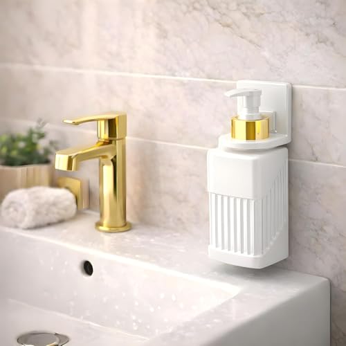 Image of Wall Mounted Soap Dispenser 300ml with Strong Adhesive Holder, No Drill Refillable Liquid Handwash Pump, Bathroom Kitchen Shampoo Sanitizer Dispenser (1, White) (White)