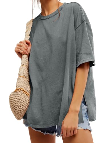 Image of Tankaneo Womens Oversized Tshirts Summer Casual Short Sleeve Crew Neck T Shirt Loose Fit Side Slit Tee Tops