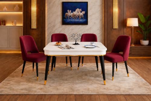 Image of WOODEN SPACE 4 Seater Wooden Dining Table Set | Urban Marble Top Dining Table with Chairs for Dining Room & Kitchen (Modern Vintage Maroon) (42 x 42 x 30 inch)