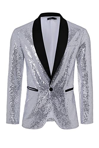 Coucoland Silver Sequin Blazer Men-Shiny Jacket Disco Outfit Men for Party（Silver,M）